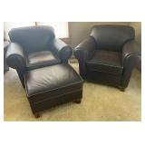Classy Pair of Brown Faux Leather Chairs and an Ottoman