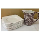 Starffordshire Pitcher and 11 Tuscan Fine English Bone China Plates