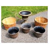 Assorted Plastic Outdoor Planters and Peach Baskets