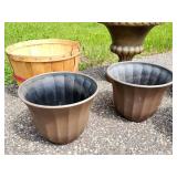 Assorted Plastic Outdoor Planters and Peach Baskets