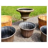 Assorted Plastic Outdoor Planters and Peach Baskets