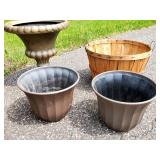 Assorted Plastic Outdoor Planters and Peach Baskets