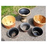 Assorted Plastic Outdoor Planters and Peach Baskets