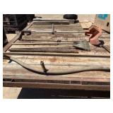 Electric trimmer, 2 shrub rakes, hand sy, arrow tank dipping stick & vintage railroad tool