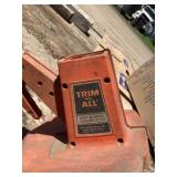 Electric trimmer, 2 shrub rakes, hand sy, arrow tank dipping stick & vintage railroad tool