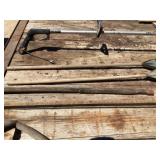 Electric trimmer, 2 shrub rakes, hand sy, arrow tank dipping stick & vintage railroad tool
