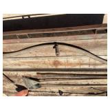 Electric trimmer, 2 shrub rakes, hand sy, arrow tank dipping stick & vintage railroad tool