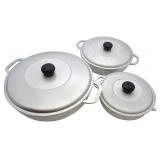 IMUSA USA Traditional Colombian Natural Caldero Glass Lid & Steam Vent 3-Piece (1.5/3.5/7.0 Quart) Dutch Oven Set