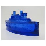Antique Cobalt Blue Glass REMEMBER THE MAINE Ship Box
