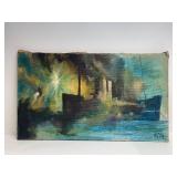 Signed Vintage Oil on Canvas Steamship Painting