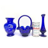 Beautiful Group of Hand Painted & Signed FENTON Cobalt Blue Art Glass