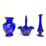 Beautiful Group of Hand Painted & Signed FENTON Cobalt Blue Art Glass