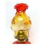 Vintage Flambe Red/Yellow Crackle Glass Vase & Oil Lamp