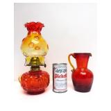 Vintage Flambe Red/Yellow Crackle Glass Vase & Oil Lamp