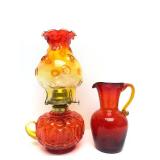 Vintage Flambe Red/Yellow Crackle Glass Vase & Oil Lamp