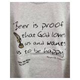 Lot of (4) NEW Small Crewneck Sweatshirts: "Beer is Proof that God Loves Us and Wants Us to Be Happy" - Benjamin Franklin
