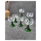 Set of (6) NEW Böckling Frosted Oil Wine Glasses with Grape Motif and Green Stems - Made in Germany