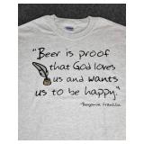 Lot of (4) NEW Small Short Sleeved T-Shirts: "Beer is Proof that God Loves Us and Wants Us to Be Happy" - Benjamin Franklin