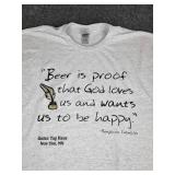 Lot of (2) NEW Small and (2) Medium Short Sleeved T-Shirts: "Beer is Proof that God Loves Us and Wants Us to Be Happy" - Benjamin Franklin/Guten Tag Haus New Ulm, MN