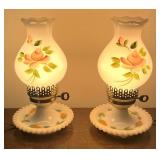 Pair of Lovely Vintage Milk Glass Hand Painted Floral Lamps