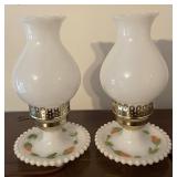 Pair of Lovely Vintage Milk Glass Hand Painted Floral Lamps
