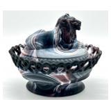 Vintage Purple Imperial Slag Glass Lidded Lion Candy Dish