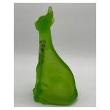 11” Fenton Glass Lime Green Alley Cat Figurine Hand Painted with Flowers