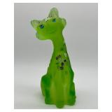 11” Fenton Glass Lime Green Alley Cat Figurine Hand Painted with Flowers