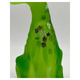 11” Fenton Glass Lime Green Alley Cat Figurine Hand Painted with Flowers