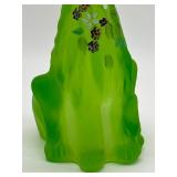 11” Fenton Glass Lime Green Alley Cat Figurine Hand Painted with Flowers