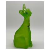 11” Fenton Glass Lime Green Alley Cat Figurine Hand Painted with Flowers