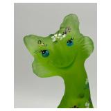 11” Fenton Glass Lime Green Alley Cat Figurine Hand Painted with Flowers