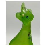 11” Fenton Glass Lime Green Alley Cat Figurine Hand Painted with Flowers