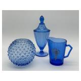 Fun Vintage Blue Glassware Items including Vintage Shirley Temple Creamer and Cambridge Glass Jar