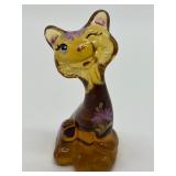 Vintage Fenton Amber Glass Hand Painted Happy Cat Figurine
