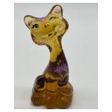 Vintage Fenton Amber Glass Hand Painted Happy Cat Figurine