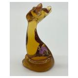 Vintage Fenton Amber Glass Hand Painted Happy Cat Figurine