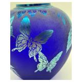 Fenton Glass Cobalt Blue Hand Painted Butterfly Vase