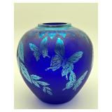 Fenton Glass Cobalt Blue Hand Painted Butterfly Vase