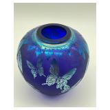 Fenton Glass Cobalt Blue Hand Painted Butterfly Vase