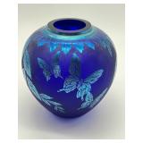Fenton Glass Cobalt Blue Hand Painted Butterfly Vase