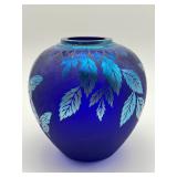 Fenton Glass Cobalt Blue Hand Painted Butterfly Vase
