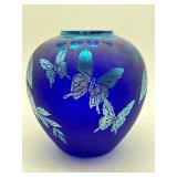 Fenton Glass Cobalt Blue Hand Painted Butterfly Vase