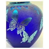 Fenton Glass Cobalt Blue Hand Painted Butterfly Vase