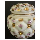Beautiful Consolidated Glass Company Charleston Hand Painted Quilted Milk Glass Biscuit / Beauty Jar