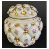 Beautiful Consolidated Glass Company Charleston Hand Painted Quilted Milk Glass Biscuit / Beauty Jar