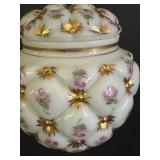 Beautiful Consolidated Glass Company Charleston Hand Painted Quilted Milk Glass Biscuit / Beauty Jar