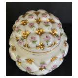 Beautiful Consolidated Glass Company Charleston Hand Painted Quilted Milk Glass Biscuit / Beauty Jar