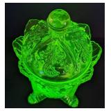 Vintage Footed Uranium Glass Lidded Dish