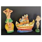 Vintage Chalkware Ship and Lovely Ladies